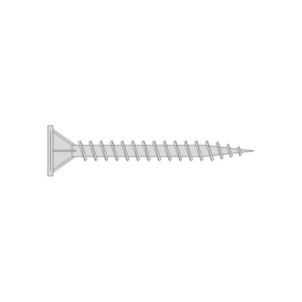 Eine einfache Strichzeichnung einer Knauf AQUAPANEL Maxi Schraube (4,2 x 25 mm) mit flachem Kopf und Spiralgewinde, waagerecht auf weißem Hintergrund; Packung enthält 1000 Stück.