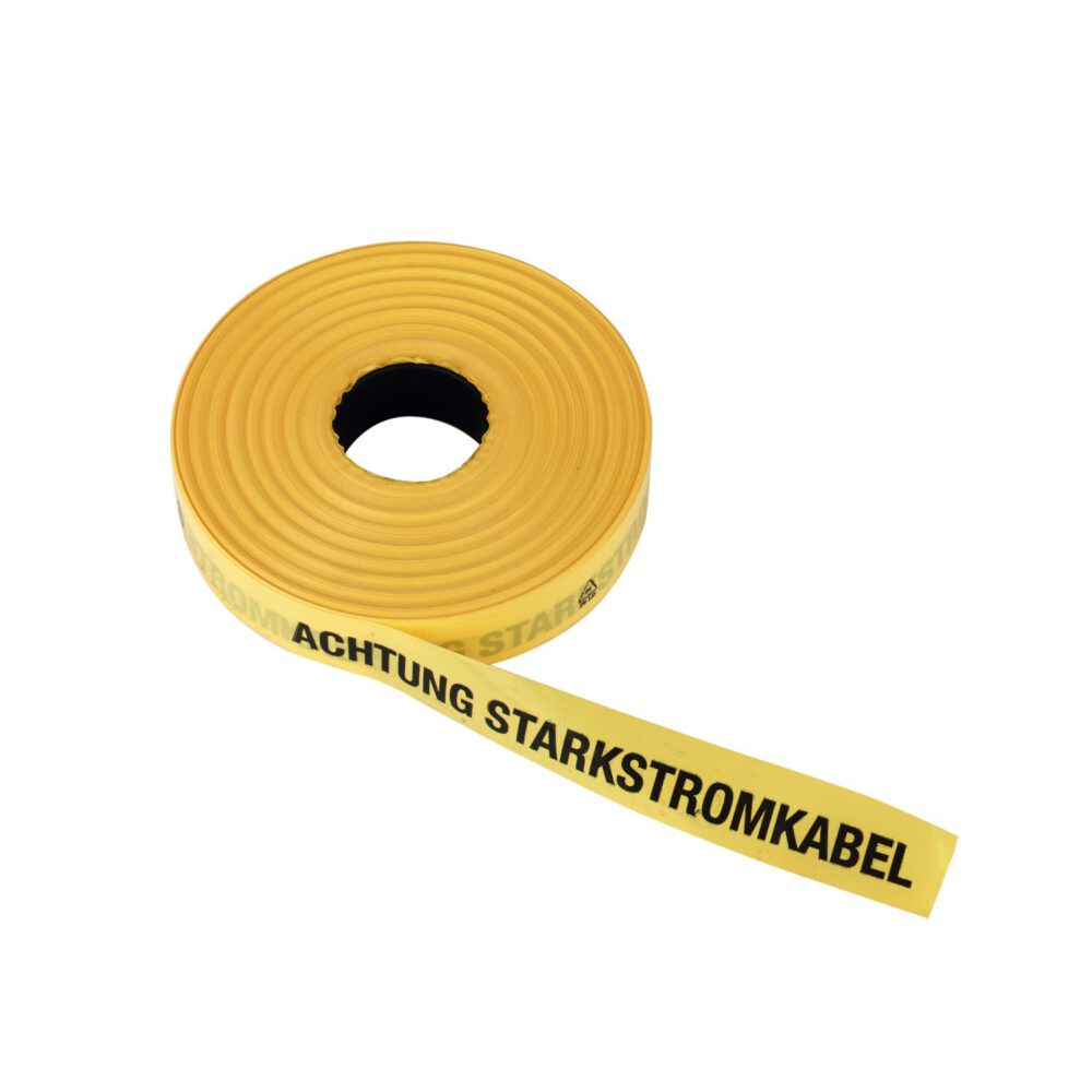Das Triuso Trassenwarnband Starkstrom ist ein gelbes Warnband mit schwarzer Aufschrift "ACHTUNG STARKSTROMKABEL", deutsch für "VORSICHT HOCHSPANNUNGSKABEL".