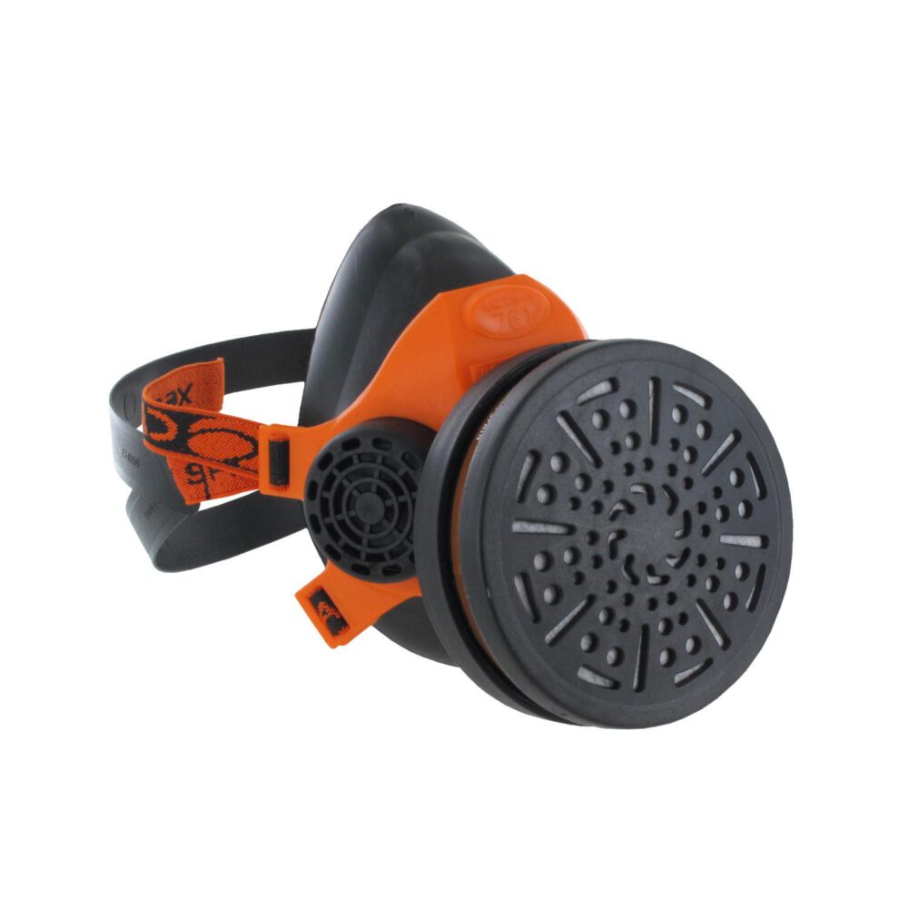 Die Climax Farbspritzmaske ist eine orange-schwarze Atemschutzmaske mit verstellbaren Bändern und einem großen Frontfilter, die zum Schutz der Atemwege vor Staub, Dämpfen oder Chemikalien entwickelt wurde.