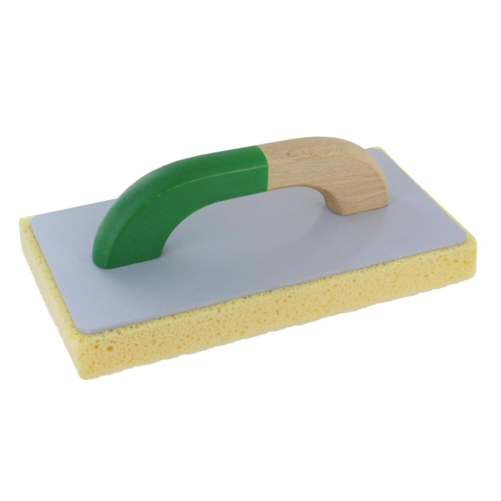 Das Triuso Profi-Fliesenwaschbrett ist ein rechteckiger Schwammschwimmer mit Holzgriff, Metallplatte und gelbem Schwammboden zum Glätten und Reinigen von Oberflächen beim Bauen oder Fliesenlegen.