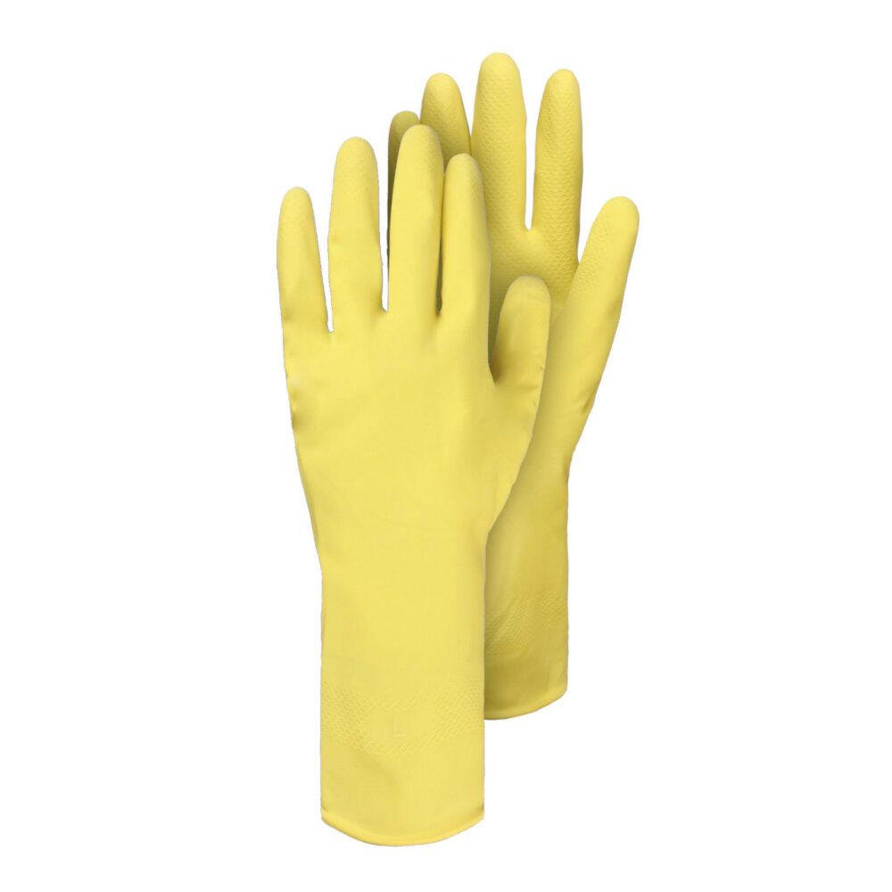 Triuso Gummihandschuhe gelb: Ein Paar gelbe Gummihandschuhe mit strukturierten Fingerspitzen und Stulpen, die aufrecht vor einem weißen Hintergrund abgebildet sind.