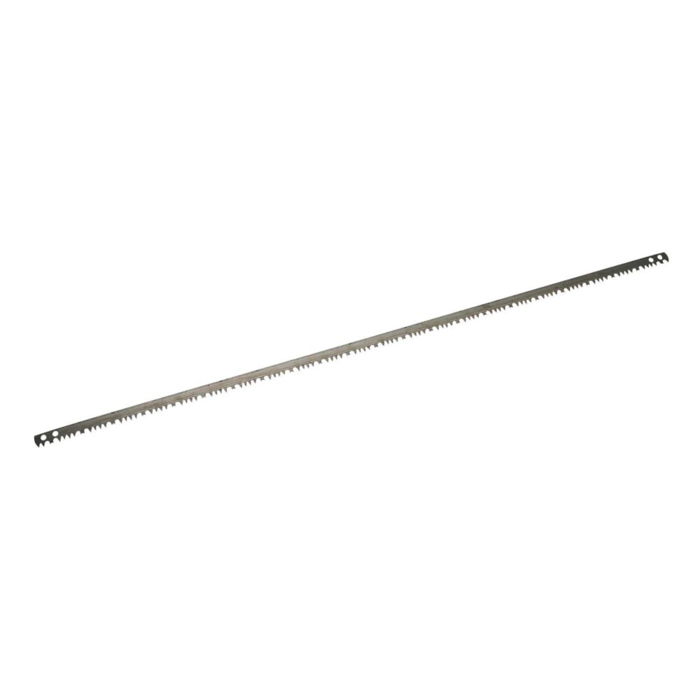Das Sägeblatt für Bügelsägen Hobelzahn 762 mm ist ein langes, dünnes Metallsägeblatt mit scharfen, gleichmäßig verteilten Zähnen entlang einer Kante und Löchern an beiden Enden, die auf einem weißen Hintergrund dargestellt sind.
