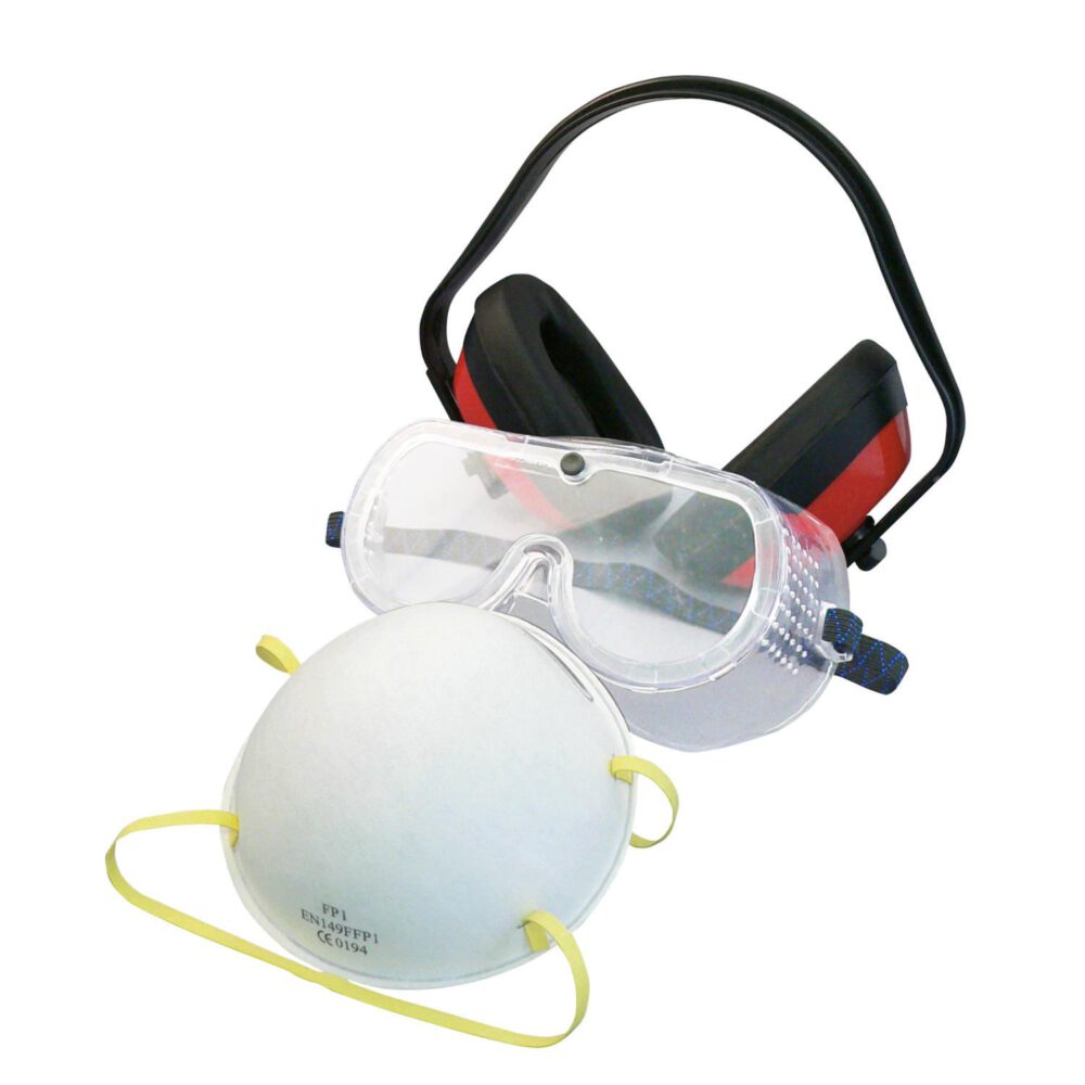 Das Triuso Wellwork Arbeitsschutzset 3-teilig besteht aus einer durchsichtigen Schutzbrille, roten und schwarzen Ohrenschützern und einer weißen Staubmaske mit gelben Bändern, die alle zusammen auf einem weißen Hintergrund angeordnet sind.