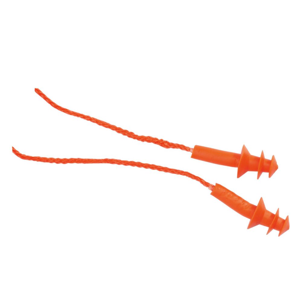 Die Triuso Gehörschutzstöpsel 25 dB sind orangefarbene, wiederverwendbare Gehörschutzstöpsel mit dreifachem Flanschdesign, die mit einer orangefarbenen, geflochtenen Kordel verbunden sind und einen bequemen und sicheren Gehörschutz bieten.