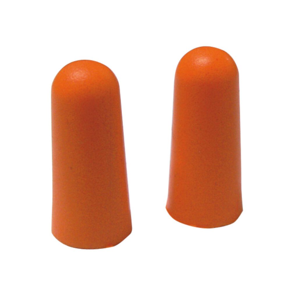 Zwei Triuso Gehörschutzstöpsel 37 dB aus orangefarbenem Schaumstoff, Teil einer 4er-Packung, aufrecht stehend auf weißem Hintergrund.