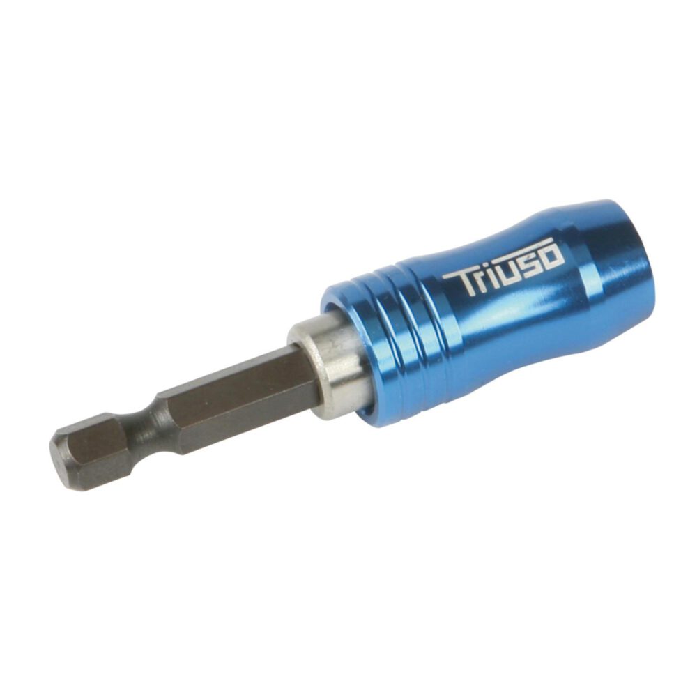 Ein Triuso Bithalter mit Tiefenanschlag magnetisch mit blauem Griff, kurzem schwarzem Metallschaft und weißem Aufdruck "Triuso" auf dem Griff.