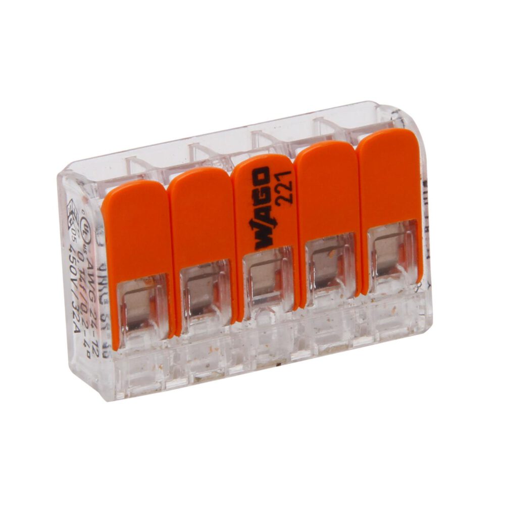 Die Kopp Hebelklemme WAGO mit 5 Klemmstellen (5 Stück) ist ein durchsichtiger elektrischer Steckverbinder aus Kunststoff mit fünf orangefarbenen Hebeln an der Oberseite.