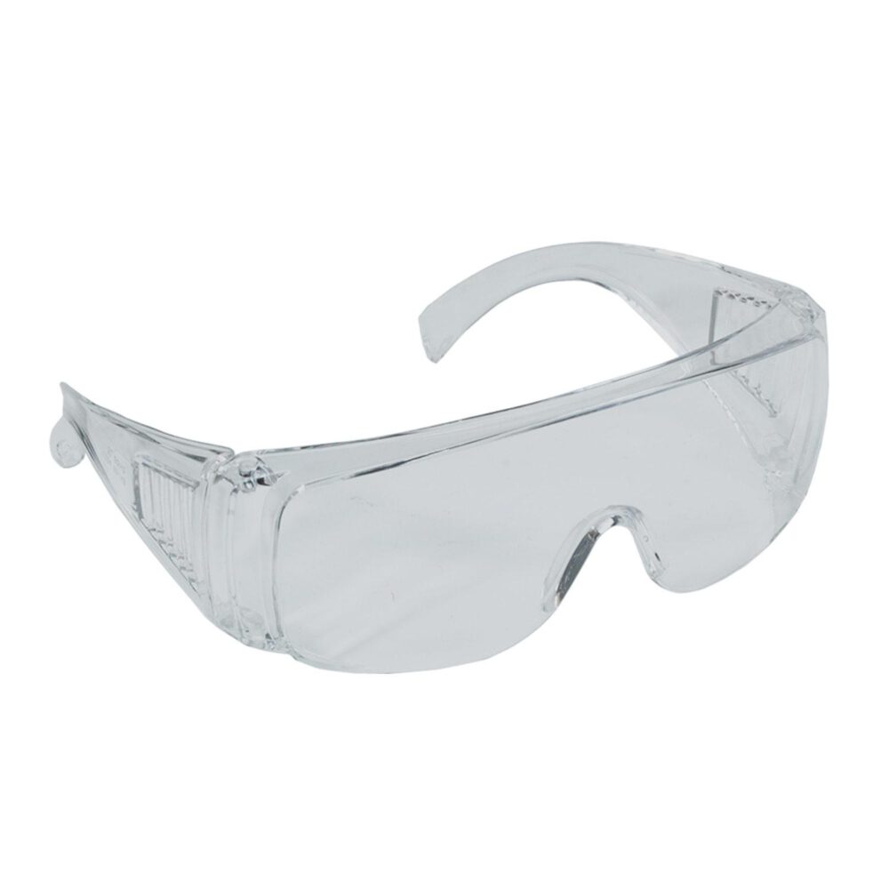 Die Triuso Schutzbrille B3 ist eine Schutzbrille aus klarem Kunststoff mit Rundumdesign, breiten Seitenschilden und einer gewölbten Form für komfortablen Augenschutz.