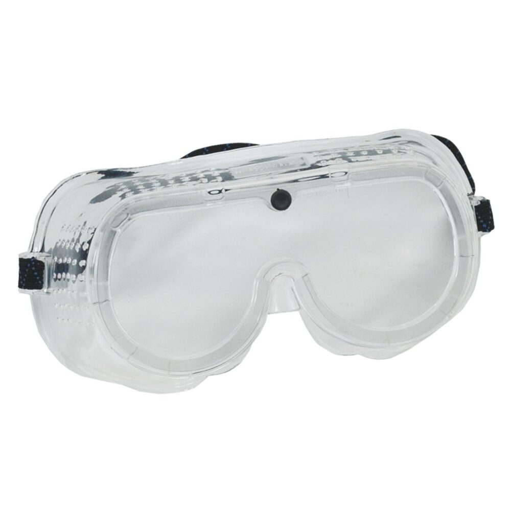 Die Triuso Schutzbrille BF3 ist eine durchsichtige Kunststoff-Schutzbrille mit schwarzem Band. Sie verfügt über eine große Einzelscheibe und seitliche Belüftungslöcher zum Schutz der Augen bei Labor- oder Bauarbeiten.