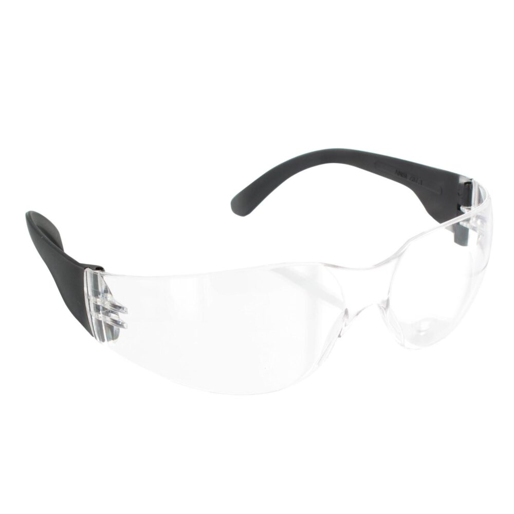 Die Triuso Allzweckbrille BG53 ist eine Schutzbrille mit transparenten Gläsern und schwarzen, gebogenen Bügeln zum Schutz der Augen, die schräg auf weißem Hintergrund abgebildet sind.