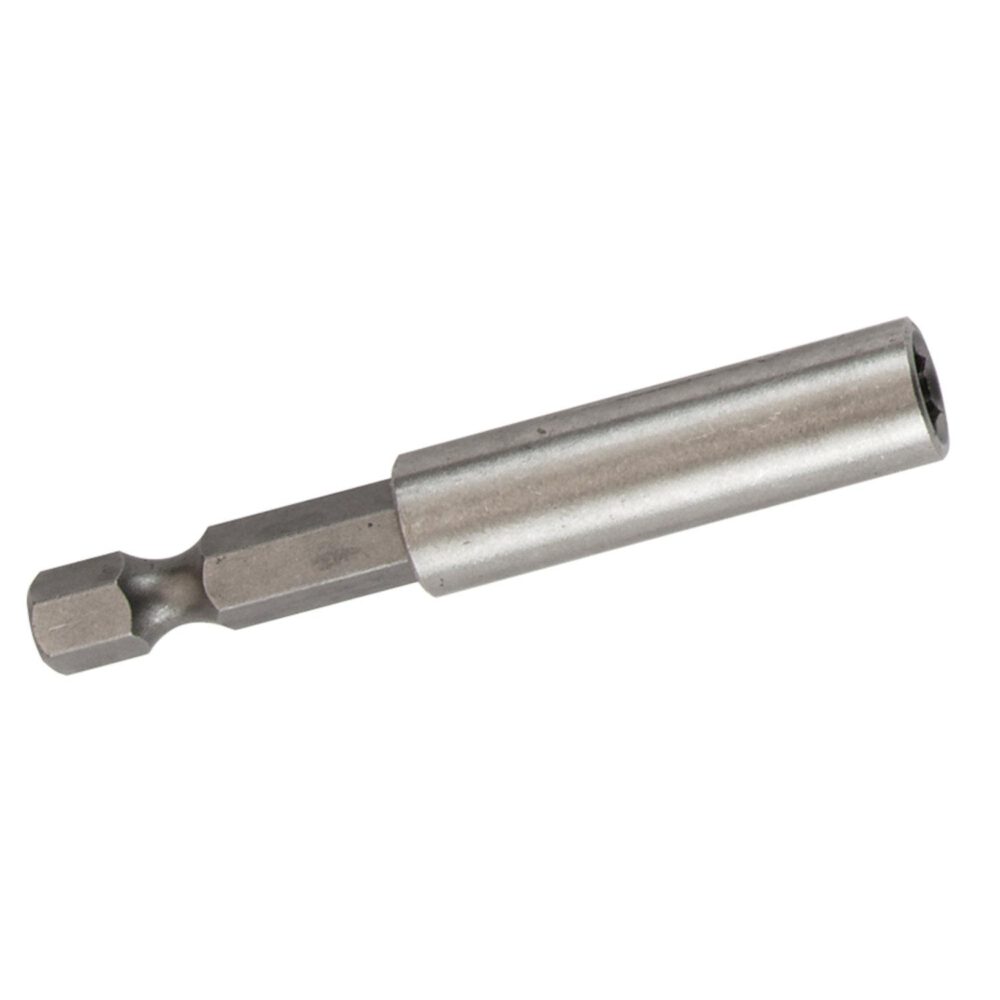 Der Triuso Bit-Magnethalter 60 mm ist ein Sechskant-Bithalter aus Metall mit zylindrischem Körper und sechseckiger Basis, der für die Verwendung mit Bohrmaschinen und Schraubendreherbits konzipiert ist.