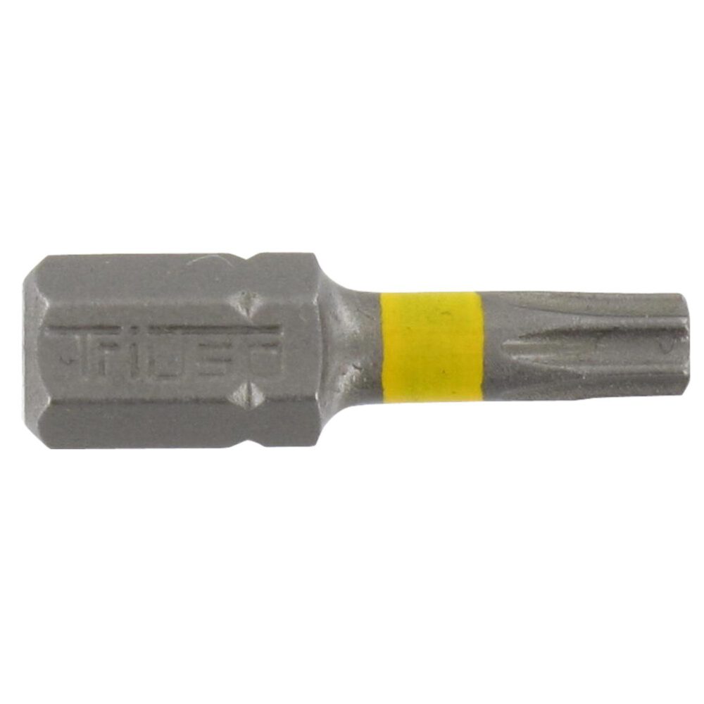 Eine Nahaufnahme der Triuso Standard-Bits 1/4 TX-Sechskant (2 Stück) mit sternförmiger Torx-Spitze und gelbem Band, die für die Verwendung mit Bohrern oder Schraubendrehergriffen konzipiert sind.
