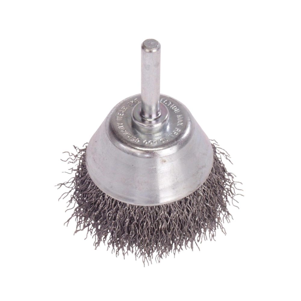 Die Lessmann Flächenbürste Stahldraht 50 mm ist eine Topfbürste für Bohrmaschinen mit gedrehten Stahldrahtborsten, ideal zum Reinigen oder Entfernen von Rost und Farbe auf Oberflächen.