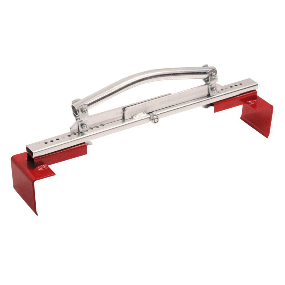 Der Triuso Blocksteinheber 40 - 60 cm ist ein Metall-Fliesenheber mit gebogenem Griff, verstellbarer Mittelstange und roten Winkelgriffen an beiden Enden, ideal zum Tragen von Fliesen oder ähnlichen flachen Materialien.