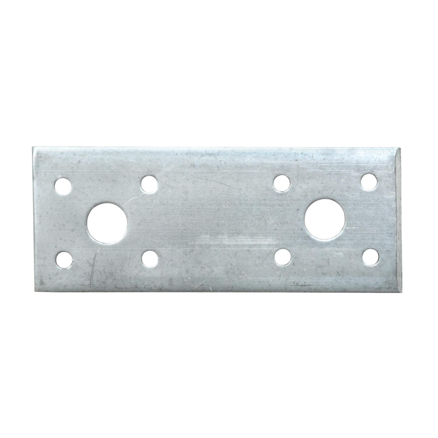 Eine rechteckige Metallplatte mit glatter Oberfläche, die zwei große runde Löcher und sechs kleinere runde Löcher aufweist, die gleichmäßig um die Mitte verteilt sind.