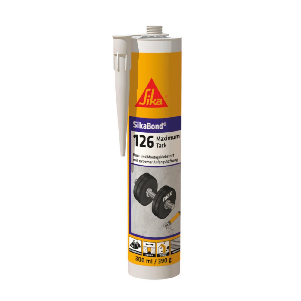 Eine Tube des Klebstoffs SikaBond 126 Maximum Tack mit einer Düse und einem Etikett mit dem Sika-Logo. Das Etikett zeigt eine Abbildung von Gewichten und gibt die Produktgröße mit 300 ml / 390 g an.