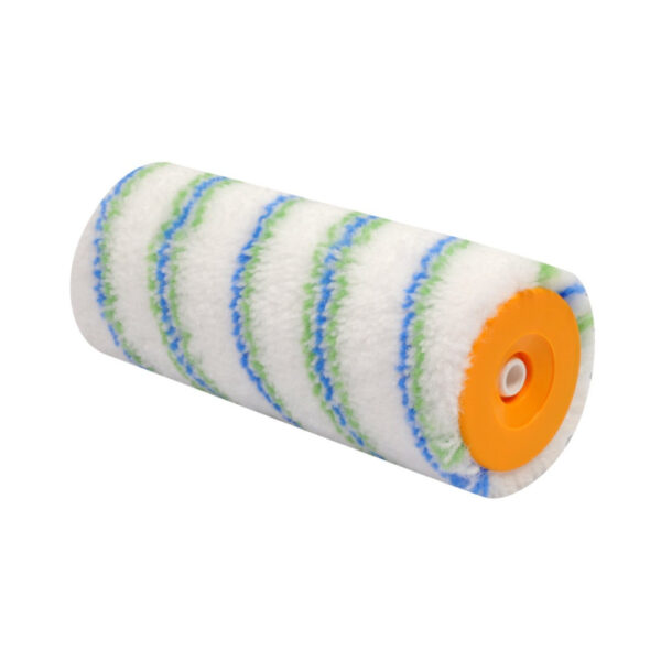 Die Profiwalze Polyamid endl. Flor 12mm/18cm ist eine weiße Farbwalze mit blauen und grünen Diagonalstreifen und einem orangefarbenen Kunststoffkern, isoliert auf weißem Hintergrund dargestellt.