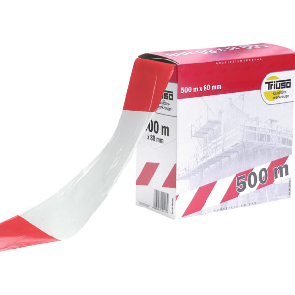 Eine Schachtel mit der Aufschrift "Absperrband rot/weiss 80 mm 500 m" spendet rot-weisses Warnband. Auf der Verpackung sind die Marke Triuso, ein Konstruktionsbild und diagonale rote Streifen zu sehen.