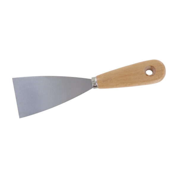 Der Malerspachtel Bandstahl ist ein Metallspachtel mit einer breiten, flachen Klinge und einem Holzgriff, der am Ende ein Aufhängeloch hat.