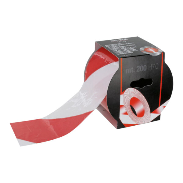 Eine Rolle Sicherheits-Absperrband 200 m x 70 mm mit roten und weißen Streifen, die teilweise aus der schwarz-roten Verpackung herausgerollt wurde und zur Markierung von Sperr- oder Gefahrenbereichen dient.