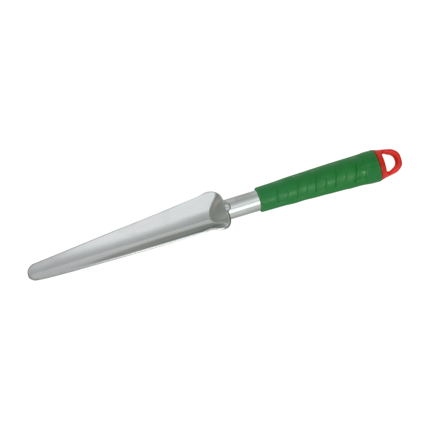 Der Unkrautstecher 18 cm verz. Breite 4 cm ist ein Gartenwerkzeug aus Metall mit einer schmalen, spitzen Klinge und einem grünen Griff, an dessen Ende sich eine rote Aufhängeöse befindet.