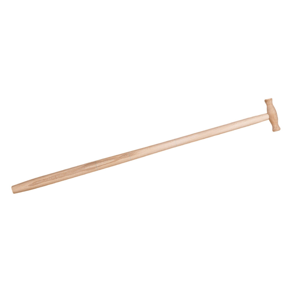 Ein Spatenstiel Esche T-Griff gerade 95 cm steht aufrecht vor einem weißen Hintergrund.