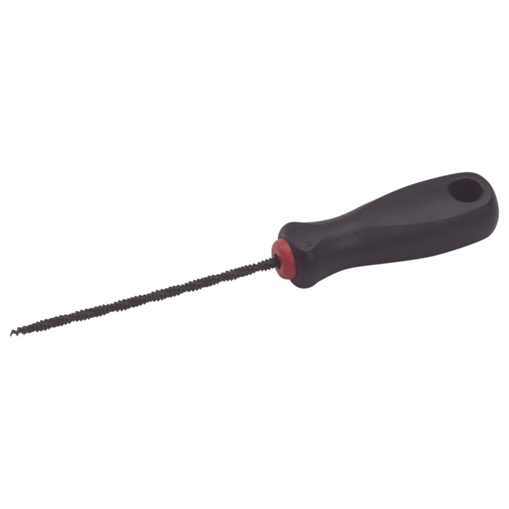 Eine Nahaufnahme der Bohrsäge Rundumverzahnung 4,5x190 mm, mit schwarzem ergonomischem Griff und schmaler gezahnter Klinge, ideal für präzises Schneiden in engen Räumen.