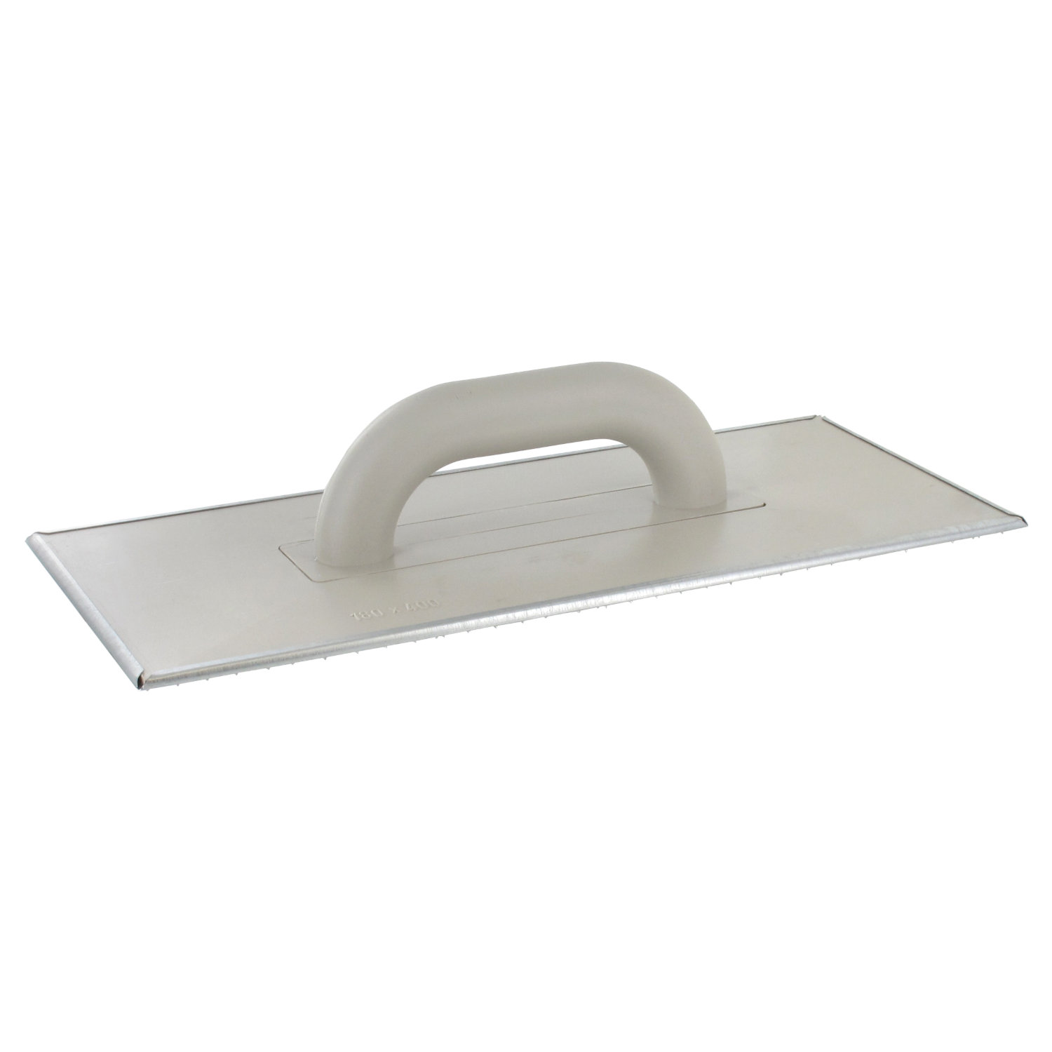 Das Egalisierungsbrett 18x40 cm ist ein rechteckiger Handschwimmer aus Metall mit einem glatten, leicht erhöhten, zentrierten Griff, ideal für die Bearbeitung von Beton- oder Putzflächen.