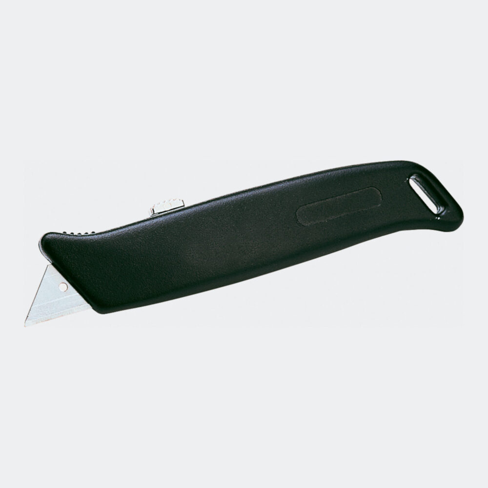 Das Sicherheitsmesser Premium ist ein schwarzes Gebrauchsmesser mit einer einziehbaren silbernen Klinge und einem ergonomischen Griff, abgebildet auf weißem Hintergrund.