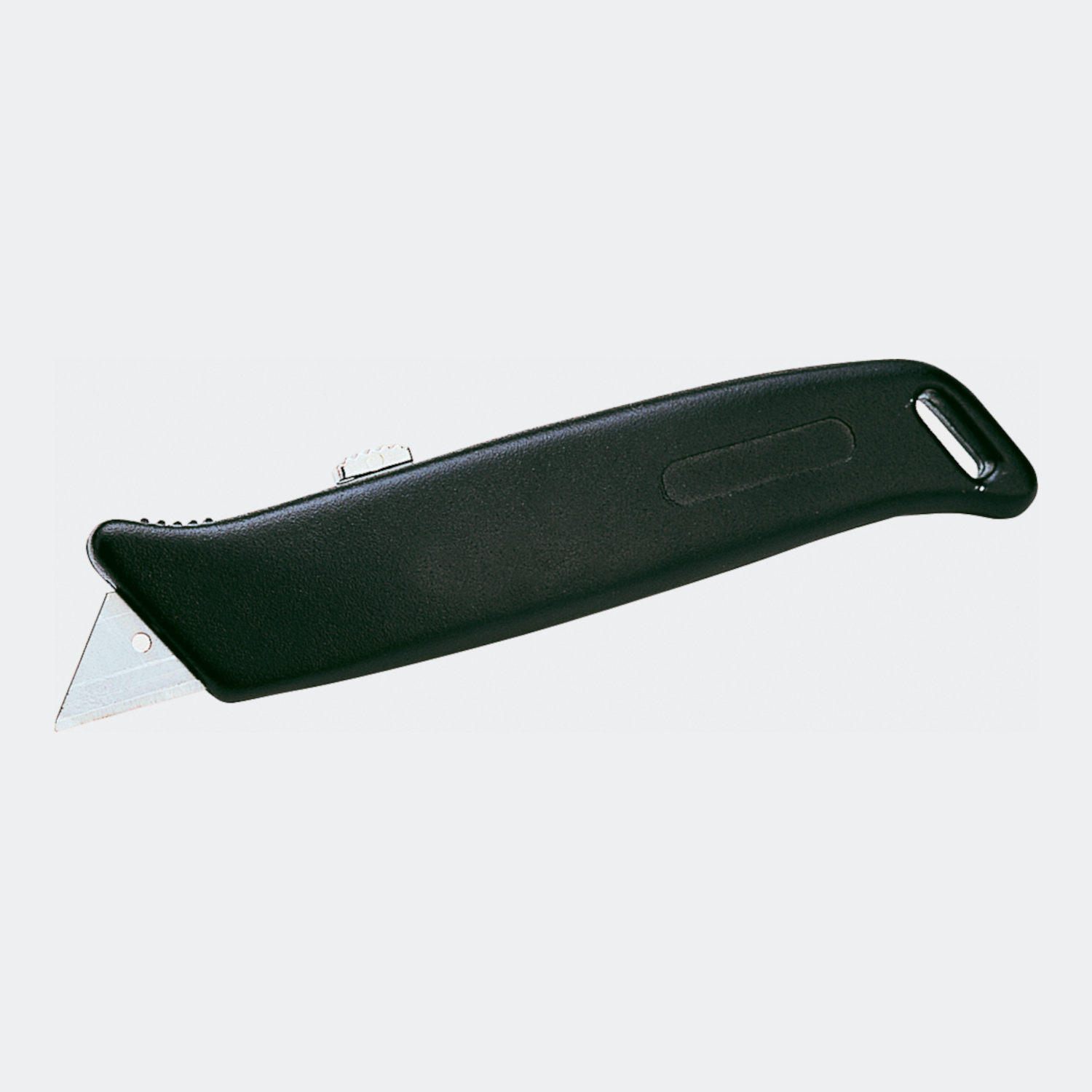 Das Sicherheitsmesser Premium ist ein schwarzes Gebrauchsmesser mit einer einziehbaren silbernen Klinge und einem ergonomischen Griff, abgebildet auf weißem Hintergrund.