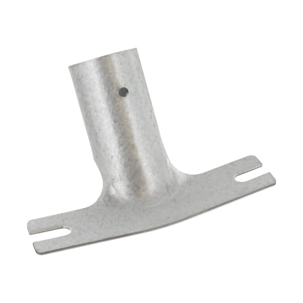 Der Stielhalter verzinkt kurz ist ein silberner, glatter Metallbügel für Griffe mit 28 mm Durchmesser. Er besteht aus einem zylindrischen vertikalen Rohr mit einem kleinen runden Loch und einer flachen, gebogenen Basis mit zwei länglichen Schlitzen an jedem Ende.